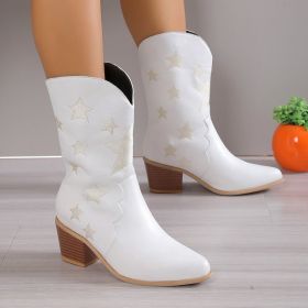 Women's Embroidered Knight Boots Winter Pointed Toe Chunky Heel Long Western Boots (Option: White-36.)