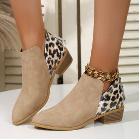 Fashion Leopard Print Boots Women Pointed Toe Chunky Heel Back Zipper Shoes (Option: Khaki-36.)