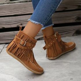 Retro Ankle Boots With Rivet Tassel Flat Shoes Women Winter Boots (Option: Dark Brown-37.)
