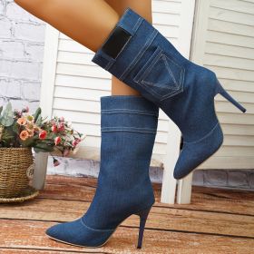 Fashion Denim Boots Women's Stiletto Pointed Toe Western Boots With Pocket Design (Option: Blue-41.)