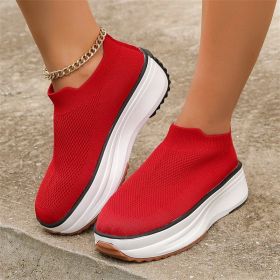 Fashion Thick-soled Ankle Boots Women Casual Round Toe Socks Shoes Breathable Solid Color Short Boots Sports Shoes (Option: Red-38.)