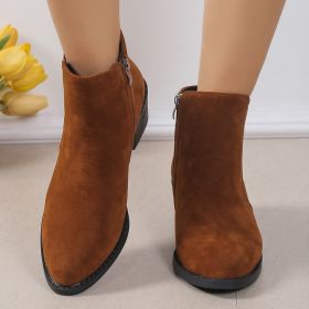Women's Fashion Ankle Boots With Side Zipper Chunky Heel Boots Slip On Comfortable Solid Color Shoes (Option: Brown-36.)