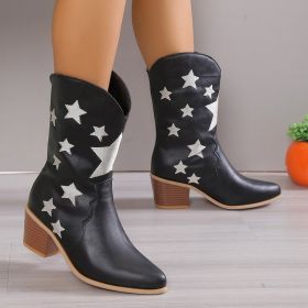 Women's Embroidered Knight Boots Winter Pointed Toe Chunky Heel Long Western Boots (Option: Black-36.)