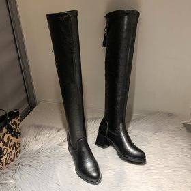 Chunky Heel Women's Over-the-knee Boots Long Boots 5cm Plus Velvet (Option: Black Cotton Lining-38)