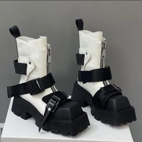 Leather Female Square Toe Thick Bottom Front Zip Ankle Boots (Option: White-39)